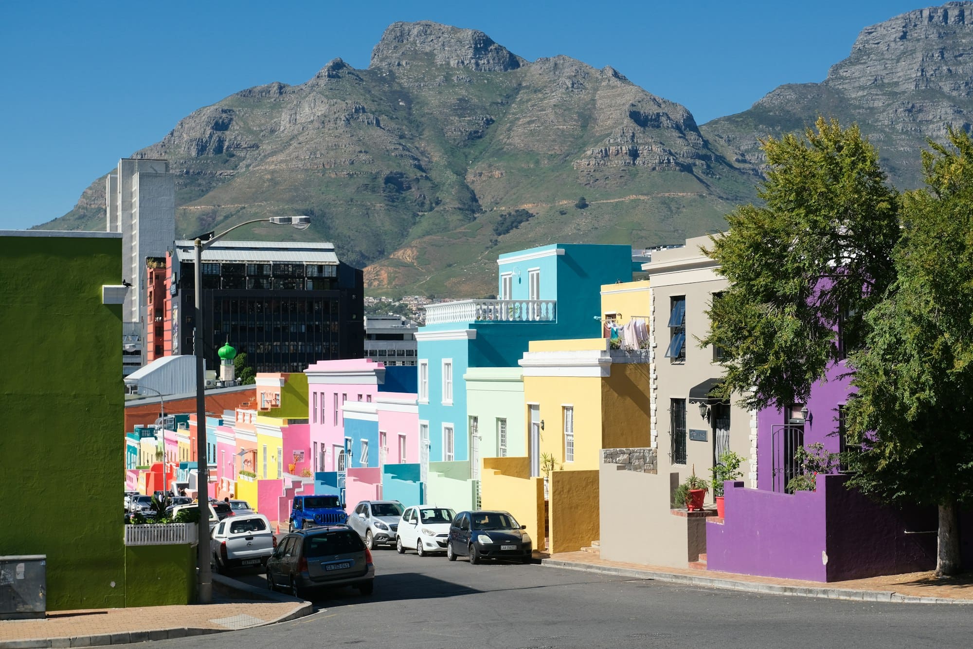 Cape Town rooftops below Table Mountain.